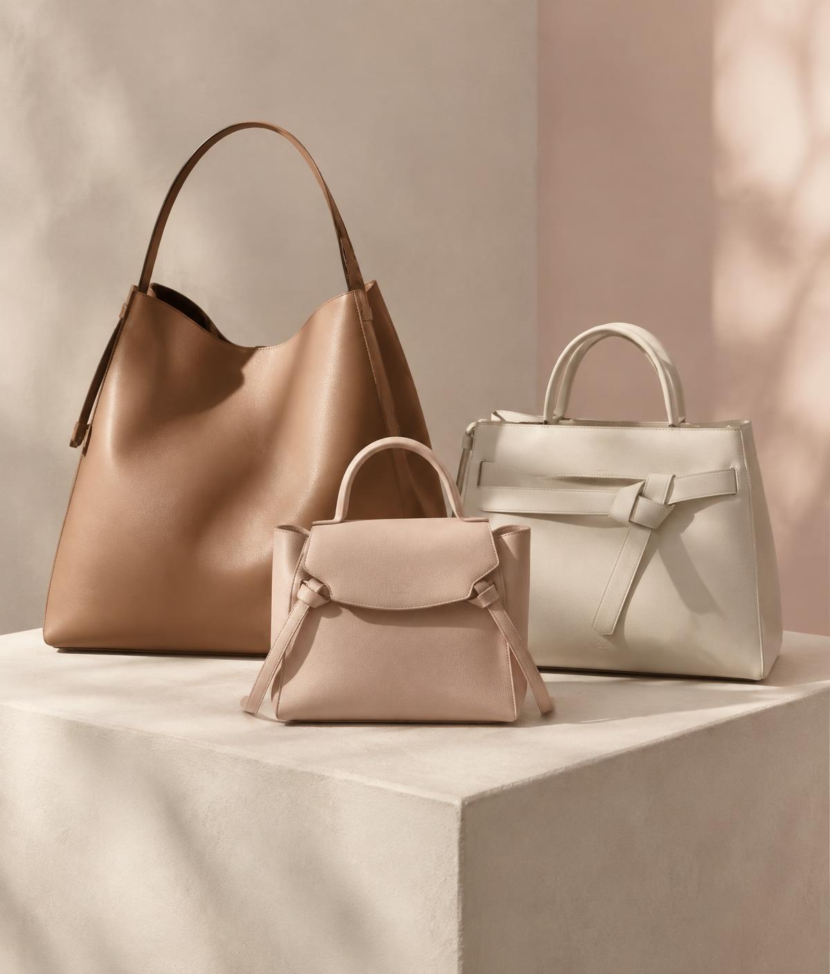 Designer handbags styled on an ivory plinth