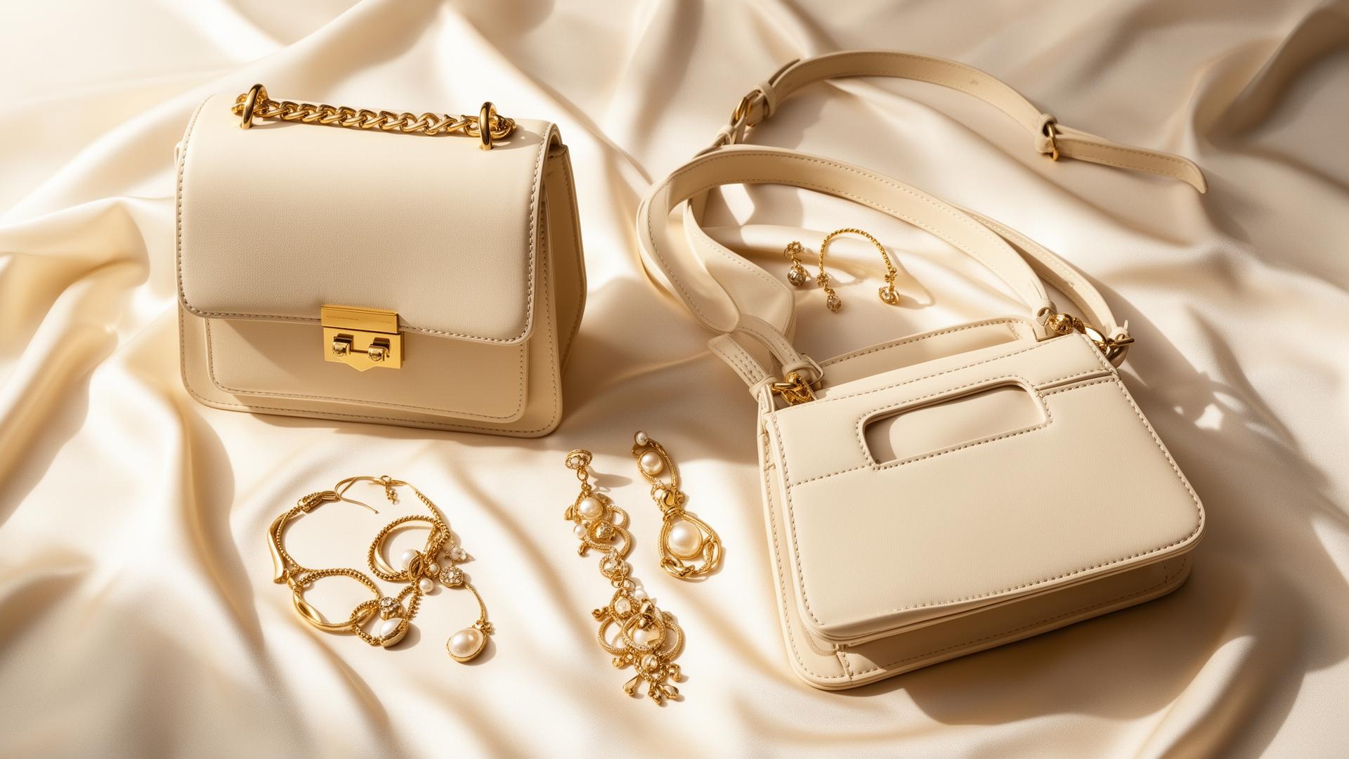 Luxury handbags and jewelry flat lay